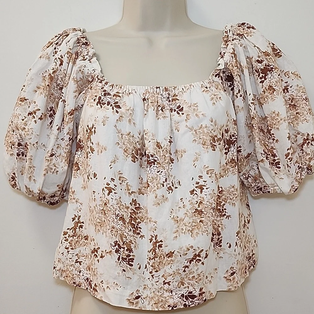 Abercrombie & Fitch  Puff-Sleeve Cream,Tan, Brown Blouse Romantic Sz XS